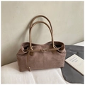 Close-up of suede texture and leather handle details on large vintage brown tote bag - Khaki Small
