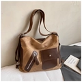 Brown vintage canvas tote bag with adjustable wide strap and decorative front zipper - No Pendant / Brown