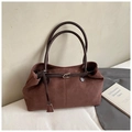 Detail of dark brown suede tote bag with shiny leather handles and gold metal buckle - Coffee Small
