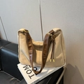 Khaki suede large shoulder bag with dark brown leather strap and gold buckles - Khaki (No Pendant)