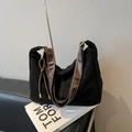 Minimalist black canvas tote bag with contrast white stitching and brown leather straps - Black without Pendant