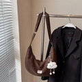 Dark brown leather crescent hobo bag with plush white cloud charm and wide strap - With Pendant / Coffee (With Cloud Charm)