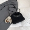 Chic black plush tote with fringe details and cute rabbit charm for autumn - Black (With Charm)