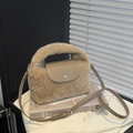 Brown fluffy faux fur mini handbag with leather flap and adjustable crossbody strap - Apricot (Without Charm)