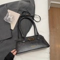 Retro black faux leather shoulder bag with vintage gold buckle and long handles - Black without Pendant