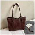 Detail of dark brown woven tote bag featuring contrast stitching and leather shoulder straps - Coffee Without Pendant Style