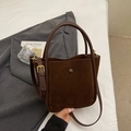 Deep brown faux suede bucket bag with round handles and adjustable gold metal strap - Coffee (No Pendant)