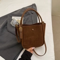 Caramel brown suede bucket bag with leather trim and adjustable strap for women - Brown (Without Pendant)