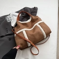 Bruine suède-look tote bag met witte rand van imitatiebont en verstelbare riem - Bruin