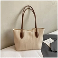 Close-up of cream woven tote bag with brown leather handles and metal zipper detail - Cream Without Pendant Style