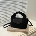 Chic black plush faux fur handbag with leather flap and detachable crossbody strap - Black (Without Charm)