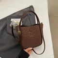 Deep brown leopard print suede bucket bag with round handle and adjustable strap - Leopard Coffee No Charm