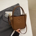 Brown leopard-embossed bucket bag with dual handles and adjustable shoulder strap - Brown Leopard (Without Pendant)
