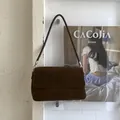 Minimalist dark brown suede shoulder bag with rectangular flap and thin strap - No Pendant / Coffee