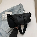 Black waterproof nylon cylinder crossbody bag with buckle straps for autumn sports - Black Small