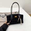 Vintage black suede underarm bag with quilted diamond pattern and gold brand plaque - Black With Pendant