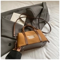 Vintage caramel Boston bag with brown leather trim and cute cartoon pattern embroidery - Matte Brown Without Pendant
