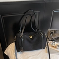 Retro zwarte suède Boston tas met grote capaciteit en gouden metalen details - Zwart