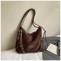 Deep brown suede Hobo backpack with vintage metal buckles and a cute bear charm - Coffee with Pendant