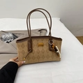 Vintage brown suede tote bag with diamond quilting and colorful beaded charm accessory - Khaki With Pendant
