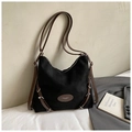 Minimalist black suede-textured tote bag with brown leather trim and metal buckles - Black without Pendant
