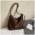 Minimalist large-capacity dark brown suede hobo bag with adjustable straps and logo - Coffee without Pendant