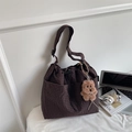 Coffee and black checkered canvas tote bag with a plush dog charm and side pockets - Coffee (With Charm)
