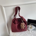 Red checkered canvas tote bag with drawstring closure and brown teddy bear charm - Red (With Pendant)