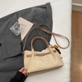 Beige faux suede tote bag with brown leather trim and decorative color beads - Standard Type / Khaki