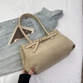 Beige suede tote bag with decorative leather strap and gold buckle for daily commuting - Khaki
