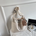 Beige plaid seersucker tote bag with drawstring closure and cute plush puppy charm - Rice White (With Charm)