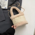 Sac seau élégant en peluche blanc crème et cuir avec chaîne dorée pour femme - Sans Pendentif / Kaki