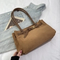 Brown faux suede tote bag with leather straps and gold buckle for daily commute - Brown