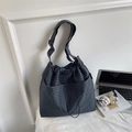 Grey checkered canvas tote bag with drawstring closure and adjustable shoulder strap - Black (Without Charm)