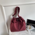 Dark red checkered canvas tote bag with drawstring closure and adjustable strap - Red (No Pendant)