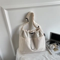 Minimalist cream canvas tote bag with waffle texture and drawstring closure in large size - Off-White (Without Pendant)