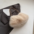 Chic apricot faux fur tote bag with brown leather straps on a dark brown blazer - Khaki