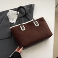 Borsa tote in finta pelle scamosciata marrone scuro con bordo in pelliccia bianca - Grande / Senza Ciondolo / Marrone