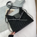 Retro black leopard pattern tote bag with dual straps and suede texture for women - Black