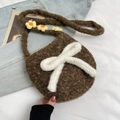 Sac bandoulière en peluche marron avec grand nœud blanc et sangle à fleurs - Brun Sans Pendentif