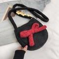 Sac bandoulière mignon en peluche noire avec nœud rouge et décorations florales - Noir sans Pendentif