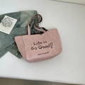 Pink canvas tote bag with plaid lining and 'Life is So Good' text shown with fashion props - Pink