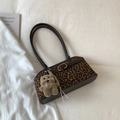 Leopard print baguette shoulder bag with leather trim and brown plush bear charm - With Charm / Leopard Print