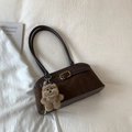 Retro dark coffee suede baguette bag with gold buckle and plush bear pendant detail - With Charm / Brown