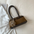 Fashionable dark brown leopard underarm bag with cute plush bear charm decoration - With Charm / Brown