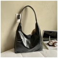 Minimalist black leather large capacity tote bag with logo and sleek glossy finish - Glossy Black Leather