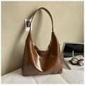 Large capacity brown oily leather tote bag for women with minimalist hobo style design - Glossy Brown Leather