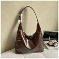 Dark brown large capacity glossy Hobo shoulder bag with small hanging charm detail - Glossy Coffee Leather