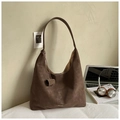 Minimalist large dark brown hobo shoulder bag in vintage textured leather with a pendant - Brown
