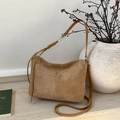 Brown faux suede hobo bag with silver rings and retro minimalist design on stone surface - Khaki (No Pendant)